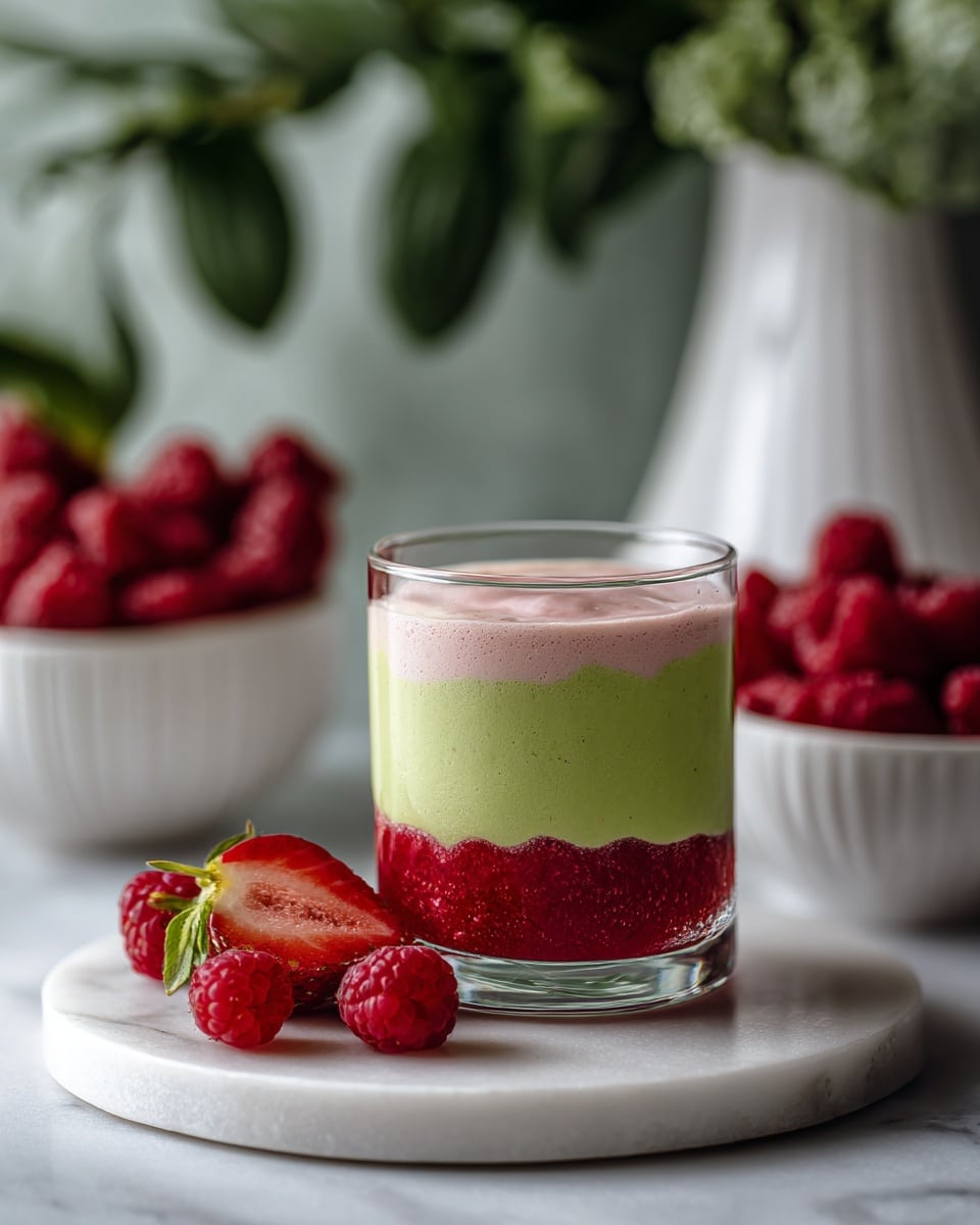 The image shows a drink in a clear glass with three distinct layers; the bottom layer is a bright red, chunky fruit puree, the middle layer is a smooth, light green matcha mix, and the top layer is a fluffy, pale pink cream that slightly overlaps the green layer. The glass is set on a round white marble surface surrounded by fresh raspberries and a halved strawberry, with a white bowl filled with raspberries and a white ceramic vase with green leaves blurred in the background. The colors are vibrant with a fresh look and soft lighting. Photo taken with an iphone --ar 4:5 --v 7