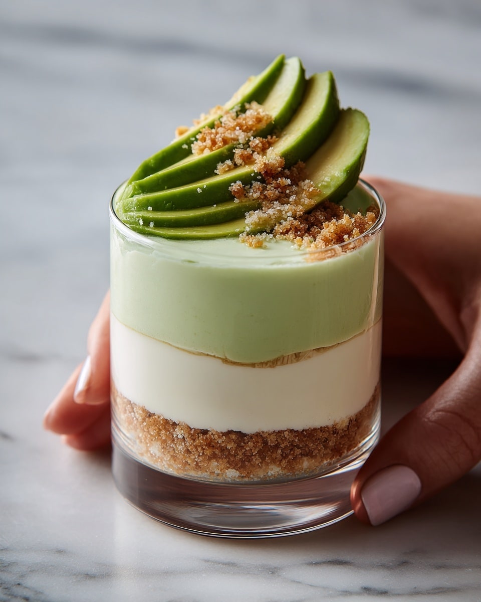 A clear glass shows a dessert with four layers: the bottom layer is a crumbly brown mixture, above it is a smooth white creamy layer, followed by a thick, green creamy layer, and on top, thin slices of green avocado are neatly placed with more crumbs sprinkled around. The background is a white marbled texture. photo taken with an iphone --ar 4:5 --v 7