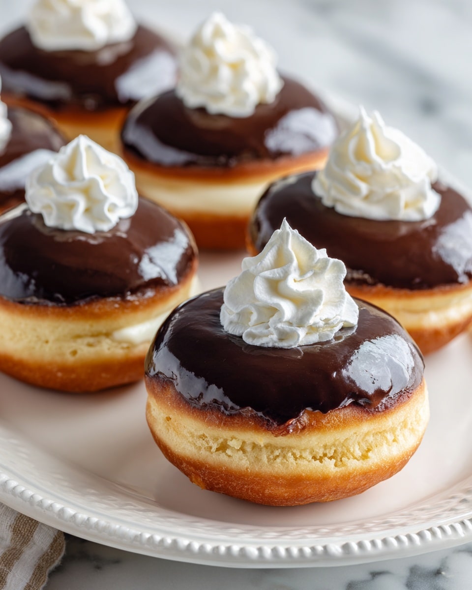 The image shows five round donuts on a white plate with a decorative edge, placed on a white marbled surface. Each donut has three layers: the bottom layer is a golden brown dough, the middle layer is a thick creamy white filling, and the top layer is a smooth, shiny dark chocolate glaze that covers the top surface and drips slightly down the sides. Each donut is finished with a swirl of white cream on top, giving a soft texture contrast. The lighting highlights the gloss of the chocolate and the cream's softness. photo taken with an iphone --ar 4:5 --v 7