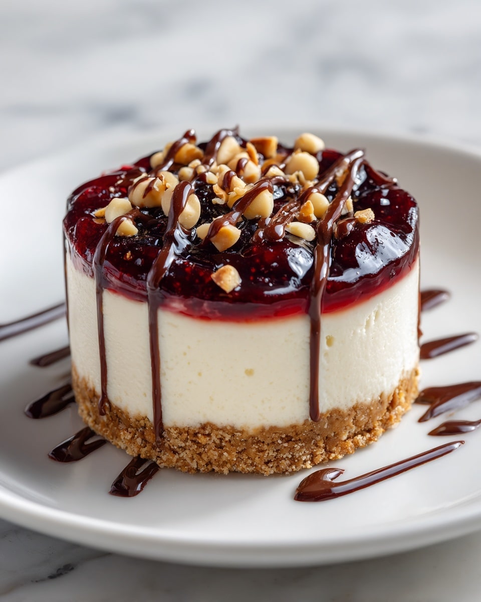 A close-up view of a round cheesecake on a white plate, showing four distinct layers. The bottom layer is a light brown, crumbly crust. Above it is a thick, creamy pale beige cheesecake layer. On top of this, there is a shiny, dark red berry sauce with visible berry chunks that slightly drip down the sides. The cheesecake is finished with a drizzle of dark chocolate sauce and small pieces of chopped nuts scattered on the very top. The background is a white marbled texture. Photo taken with an iphone --ar 4:5 --v 7