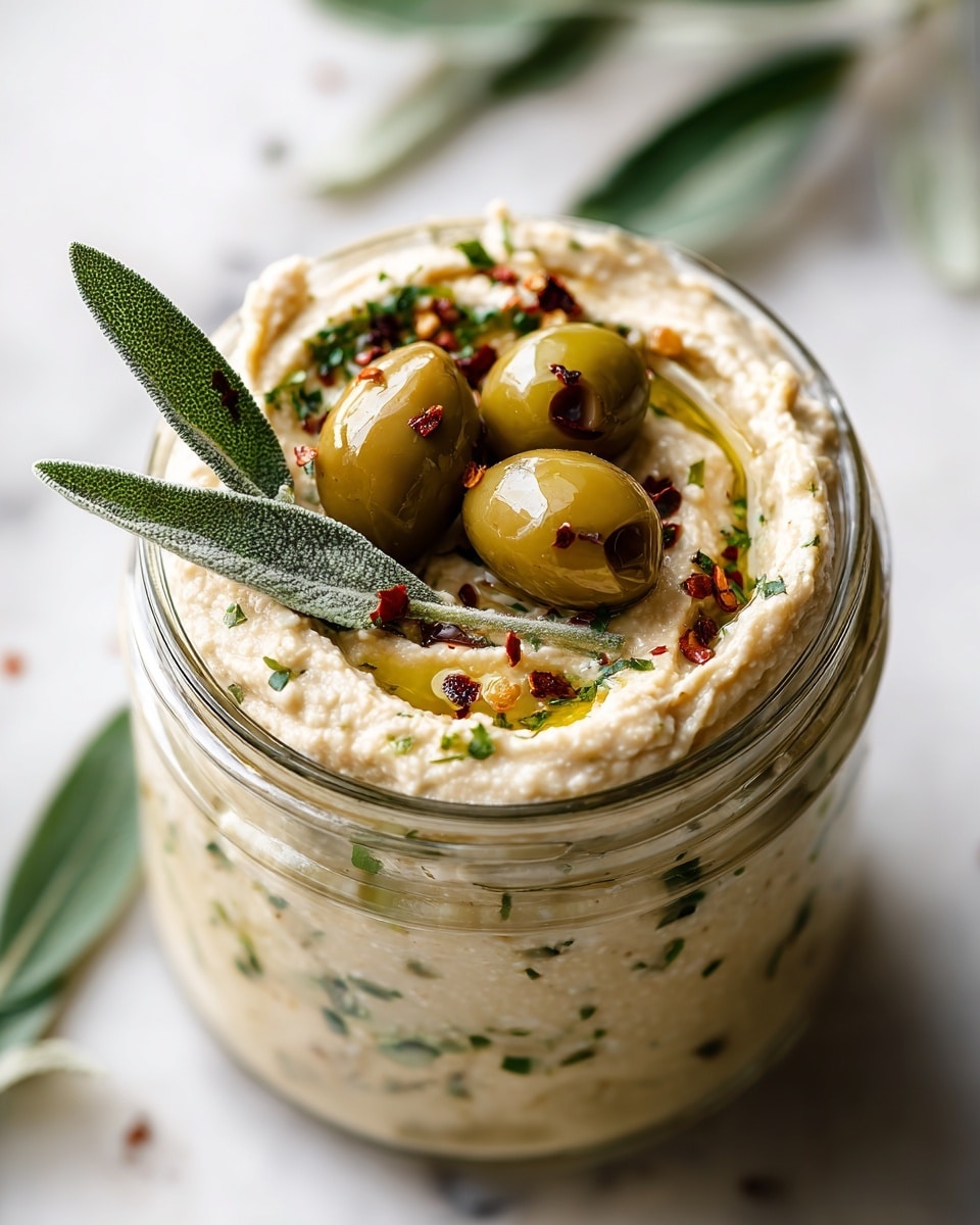 A clear glass jar filled with creamy beige hummus showing green herb bits mixed inside. On top, there are three whole green olives placed neatly on a small swirl of hummus, with a green sage leaf inserted for decoration. Small red chili flakes and a drizzle of olive oil add colors and texture to the surface. The jar sits on a white marbled surface with blurred green elements in the background. Photo taken with an iphone --ar 4:5 --v 7