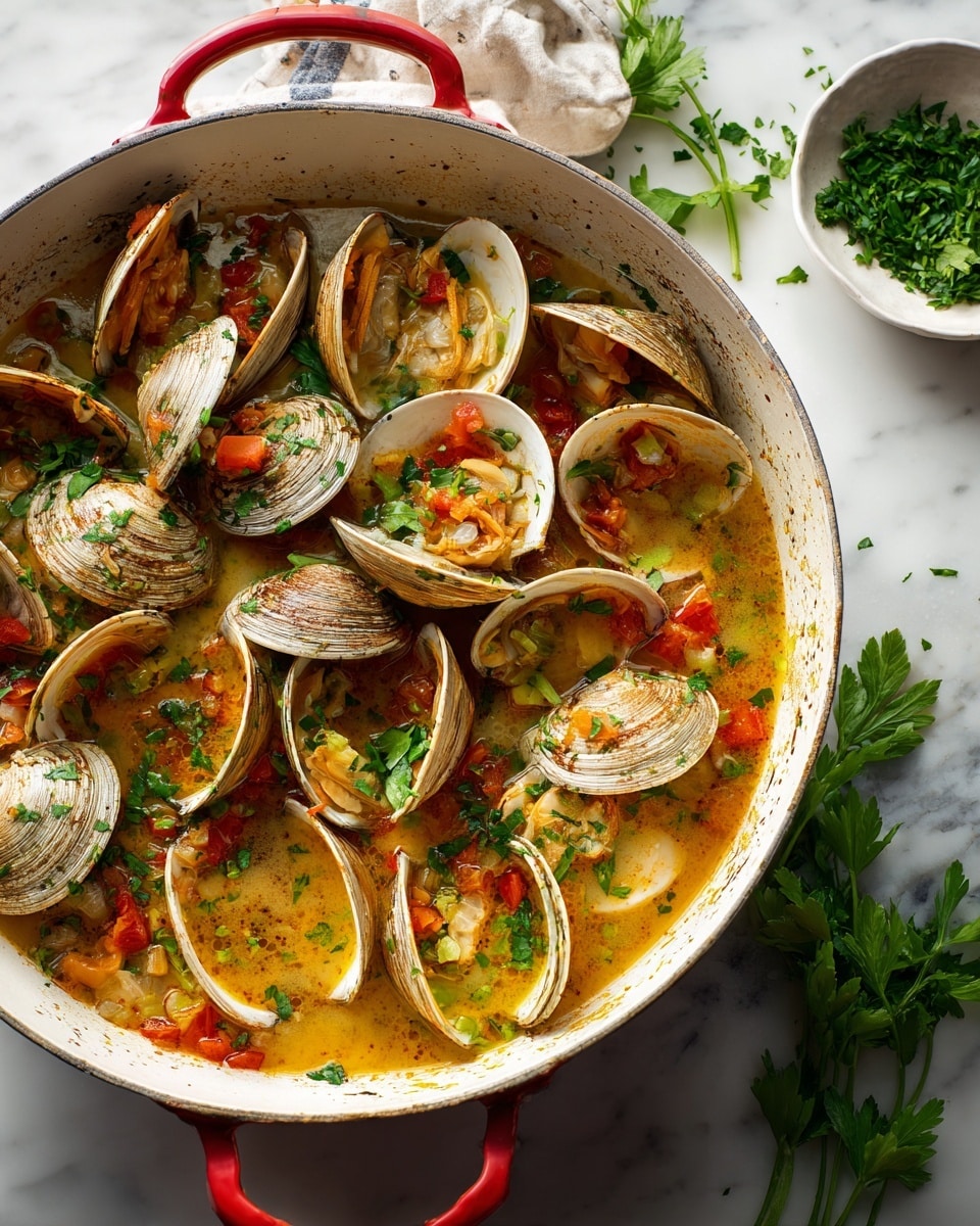 A white pot filled with cooked clams open to show pale orange clam meat inside, mixed with small, bright red tomato chunks and green chopped parsley scattered evenly throughout. The clam shells vary in shades of beige and light brown with darker stripes, creating a natural textured look. The pot contains a light brown broth pooled at the bottom, glistening slightly under the light. Around the pot, there is a wooden dish with coarse salt at the top left, and a small white bowl filled with chopped green herbs at the bottom right, all set on a white marbled surface. photo taken with an iphone --ar 4:5 --v 7
