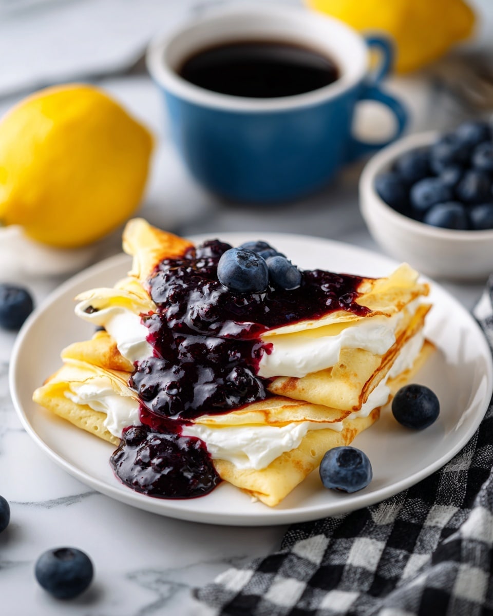 Two thin, folded crepes are placed side by side on a white plate with fine gray lines radiating from the center. The crepes are pale yellow and soft in texture. On top of the folds, there is a generous layer of smooth white cream cheese, partly covered by a thick, glossy dark purple blueberry sauce with whole blueberries visible inside. Two fresh blueberries sit at the bottom edge of the crepes as garnish. The plate is placed on a white marbled surface with a black and white checkered cloth nearby. In the background, there is a light blue cup filled with blueberries and a whole lemon. Photo taken with an iphone --ar 4:5 --v 7