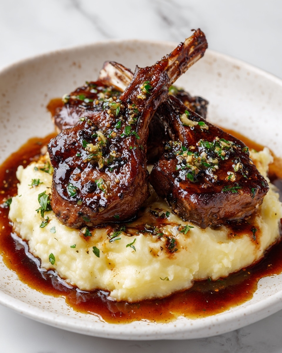 Two grilled lamb chops with a brown, slightly charred crust topped with finely chopped green herbs are placed on a smooth light yellow creamy mashed potato base. The mashed potatoes form a thick layer softly textured beneath the meat. A dark brown sauce pools around the edges of the mashed potatoes on a white ceramic plate with a speckled design. The background surface is a white marbled texture. photo taken with an iphone --ar 4:5 --v 7