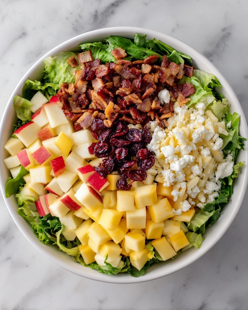 The image shows a fresh salad in a white bowl with a subtle pattern on the outside. The bottom layer is made of green lettuce leaves spread evenly, followed by a layer of small red and yellow apple cubes scattered over the lettuce. On top of the apples, there is a layer of crispy dark brown bacon pieces mixed with some bright white crumbled cheese. The salad looks colorful and textured with the contrast between the green lettuce, red apples, yellow apples, dark bacon, and white cheese. The bowl is placed on a white marbled surface. photo taken with an iphone --ar 4:5 --v 7