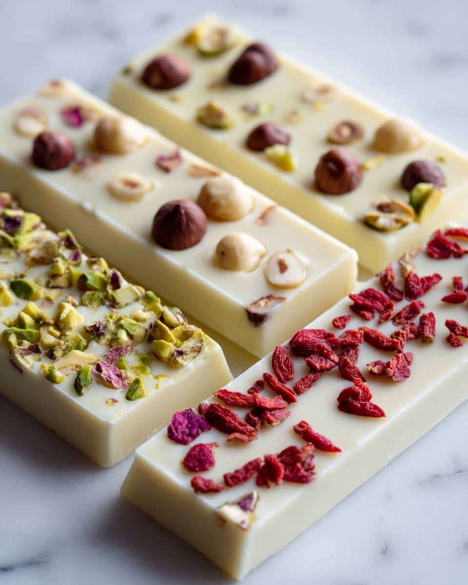 The image shows several white chocolate bars arranged on a white marbled surface. Each bar is divided into small squares with a smooth, creamy texture. One bar is topped with whole hazelnuts, another is covered with chopped pistachios, and a third has dried rose petals scattered over the top. The simple design of the chocolate bars highlights the different toppings and textures clearly. Photo taken with an iphone --ar 4:5 --v 7