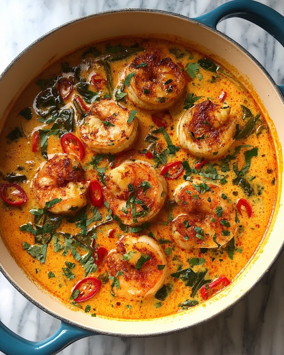 A white pot filled with a rich orange creamy soup that has five large shrimp arranged in a circular pattern on top. The shrimp are pinkish with a slight shine and their tails are still attached. There are bright red sliced chili peppers and scattered green cilantro leaves on the surface of the soup, adding pops of color. The soup has visible small chunks of vegetables or herbs mixed in, giving it a textured look. The pot is placed on a wood surface. photo taken with an iphone --ar 4:5 --v 7