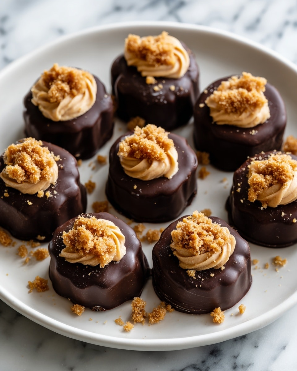 A white plate on a white marbled surface holds nine small chocolate-covered treats arranged in a circle. Each treat has a smooth dark chocolate coating that forms the base layer, topped with a small dollop of creamy light tan filling on some, while others are topped with a crumbly golden brown sprinkle. The treats are evenly spaced, with a few crumbs scattered in the center of the plate. The lighting creates soft shadows, highlighting the glossy chocolate and textured toppings. Photo taken with an iphone --ar 4:5 --v 7