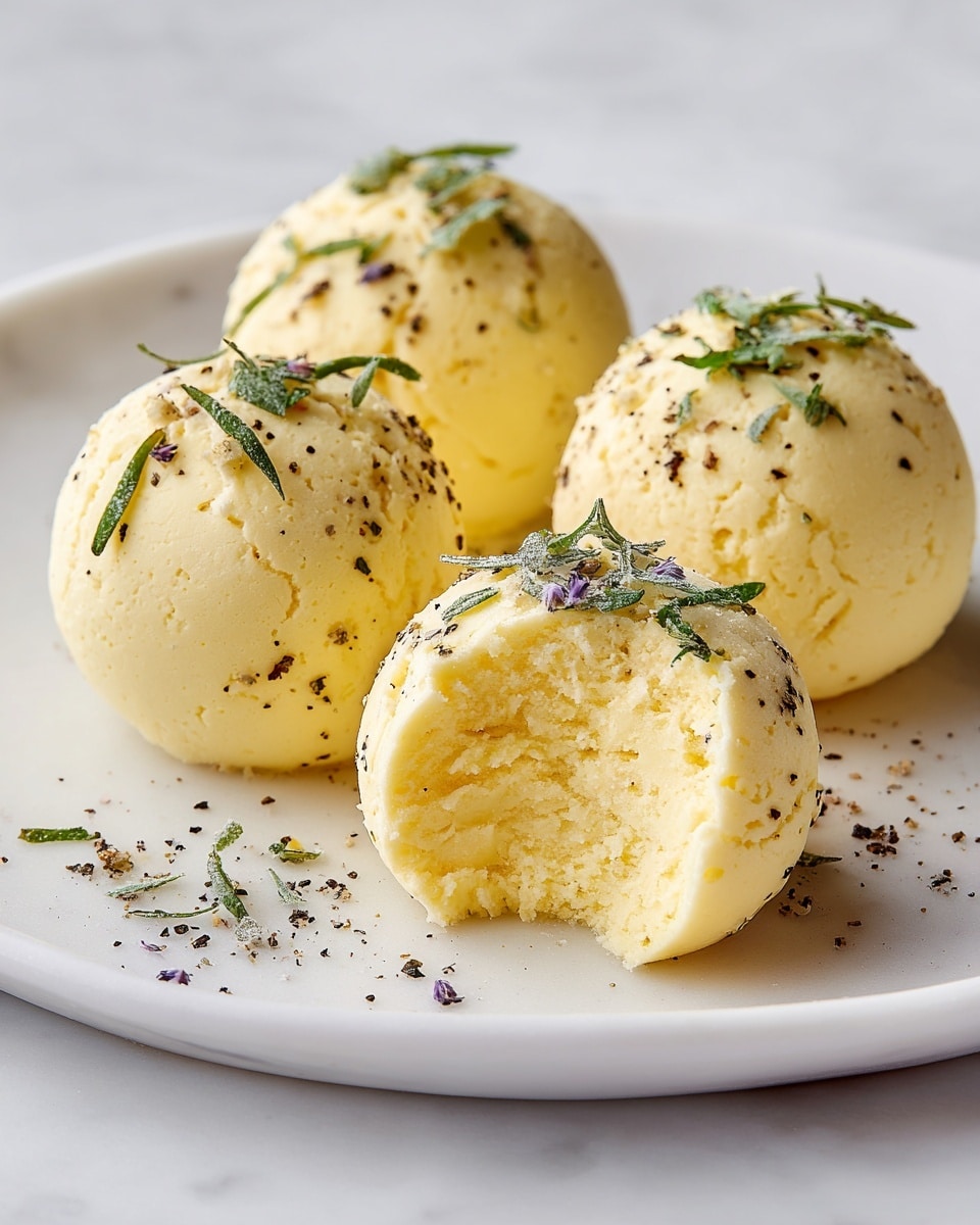 Four smooth, round, pale yellow balls of cheese are placed on a white plate with a white marbled texture underneath. One cheese ball in the front has a bite taken out, showing a soft, crumbly interior in a brighter yellow shade. Each cheese ball is topped with small green herb pieces and fine black pepper specks, with some herbs scattered lightly on the plate surface. The lighting highlights the smooth texture on the outside and the crumbly inside of the cheese balls. Photo taken with an iphone --ar 4:5 --v 7