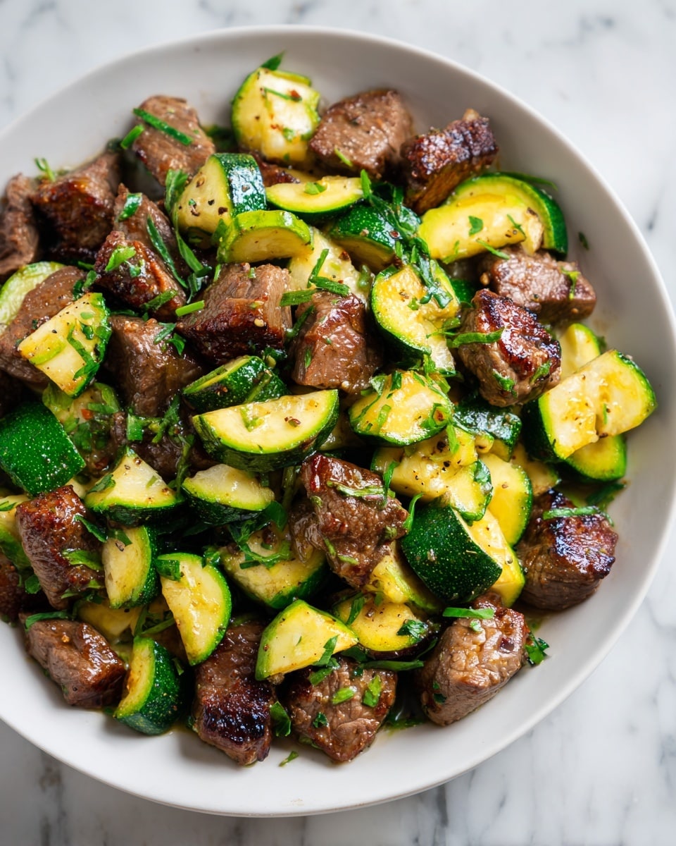 The dish shows chunks of cooked meat and thick slices of green zucchini, both covered in a rich, dark brown sauce with a slightly shiny texture. Small green herbs are sprinkled evenly across the meat and zucchini, adding a fresh, speckled green touch. The pieces are close together on a white plate, resting on a white marbled surface, and all ingredients are well-coated with sauce, giving a moist and flavorful look. Photo taken with an iphone --ar 4:5 --v 7
