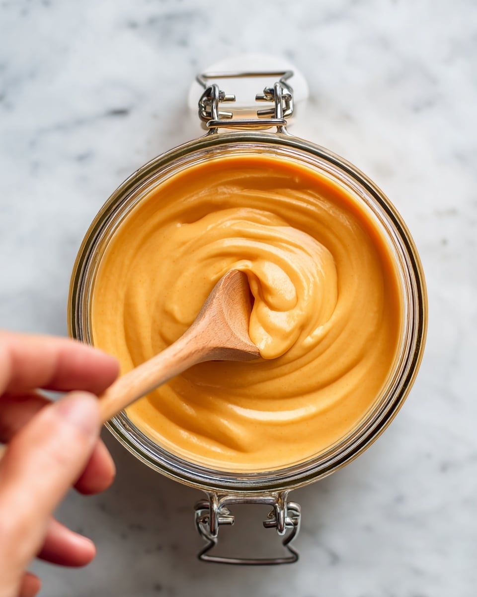 A close-up image of a glass jar filled with smooth, thick tangerine curd that has a creamy, glossy texture and a rich warm orange color. A woman's hand is stirring the curd with a small wooden spoon, creating gentle swirling patterns on the surface. The jar has a silver metal latch and sits on a white marbled surface. The scene is brightly lit to highlight the shine and creamy softness of the curd. Photo taken with an iphone --ar 4:5 --v 7