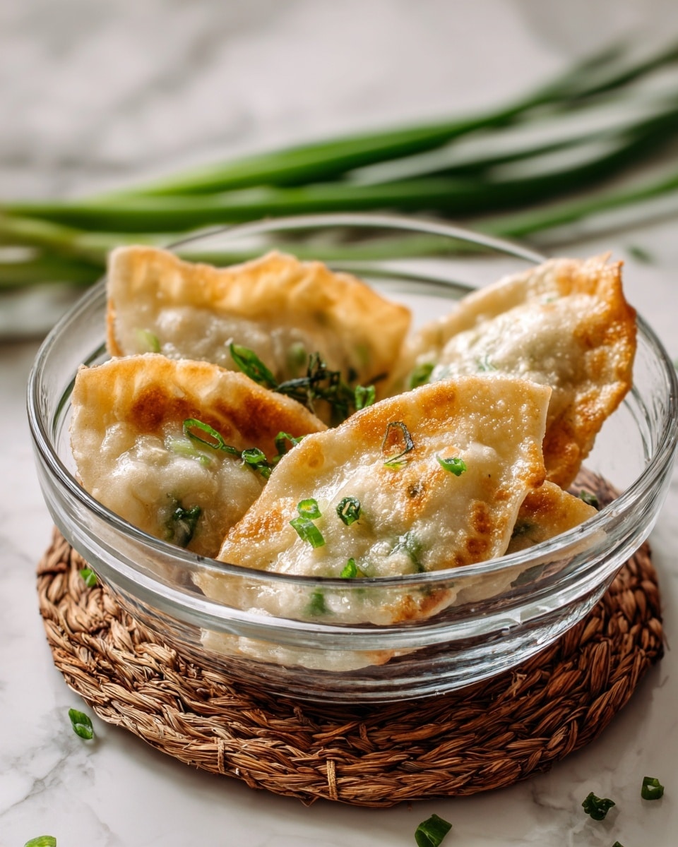 The image shows a clear glass bowl filled with pan-fried dumplings that have a golden-brown crispy layer on top and a soft, light beige dough on the edges. Inside, there is a bright green leafy vegetable filling, slightly glossy and visible from the cut-open dumpling on top. The bowl sits on a woven coaster and is placed on a white marbled surface, with fresh green leaves blurred in the background. photo taken with an iphone --ar 4:5 --v 7