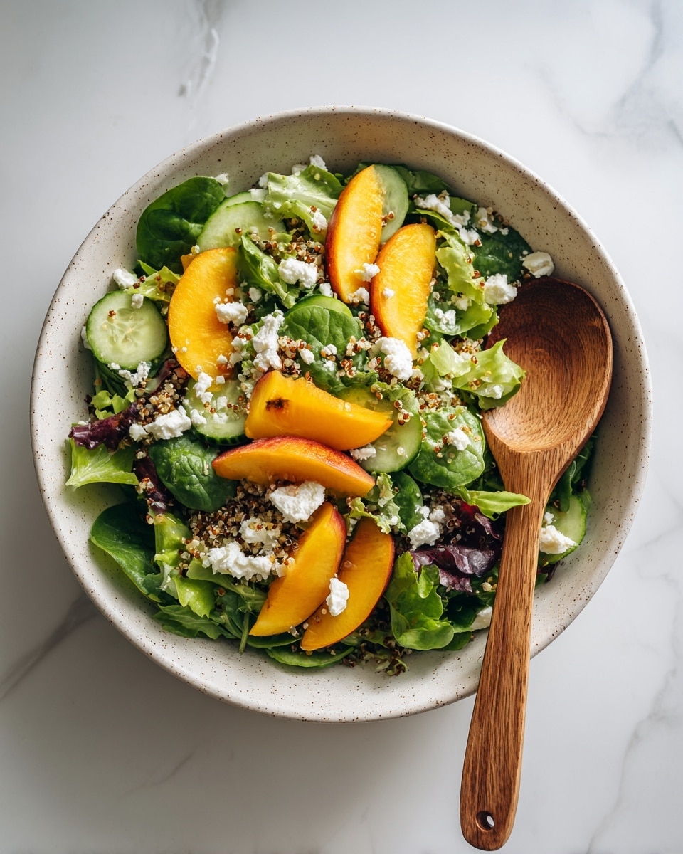 A large white bowl filled with a fresh green salad is shown. The base layer is a mix of various green leaves with a crisp texture, including bright and dark green tones. Scattered throughout the salad are small piles of white, crumbly cheese and tiny beige grains that look like quinoa or bulgur. On top, there are several slices of orange-yellow peach with red edges, adding a pop of color. A wooden spoon with a rich brown finish is placed on the right side inside the bowl, resting on the salad. The bowl is placed on a white marbled surface with subtle gray veins. Photo taken with an iphone --ar 4:5 --v 7