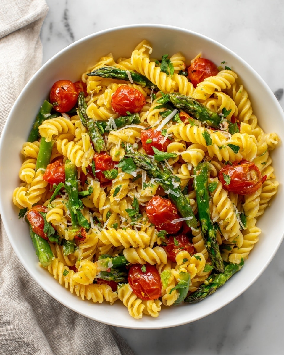 A white deep plate filled with three main layers: the bottom layer has light yellow rotini pasta with a firm, twisted texture; on top of this pasta are bright green asparagus spears laid unevenly with a tender, slightly glossy look; scattered around the asparagus are halved, shiny red cherry tomatoes with some small fresh green greens sprinkled on top, adding a fresh touch. The whole dish sits on a white marbled texture surface with some blurred green and yellow shapes in the background. photo taken with an iphone --ar 4:5 --v 7