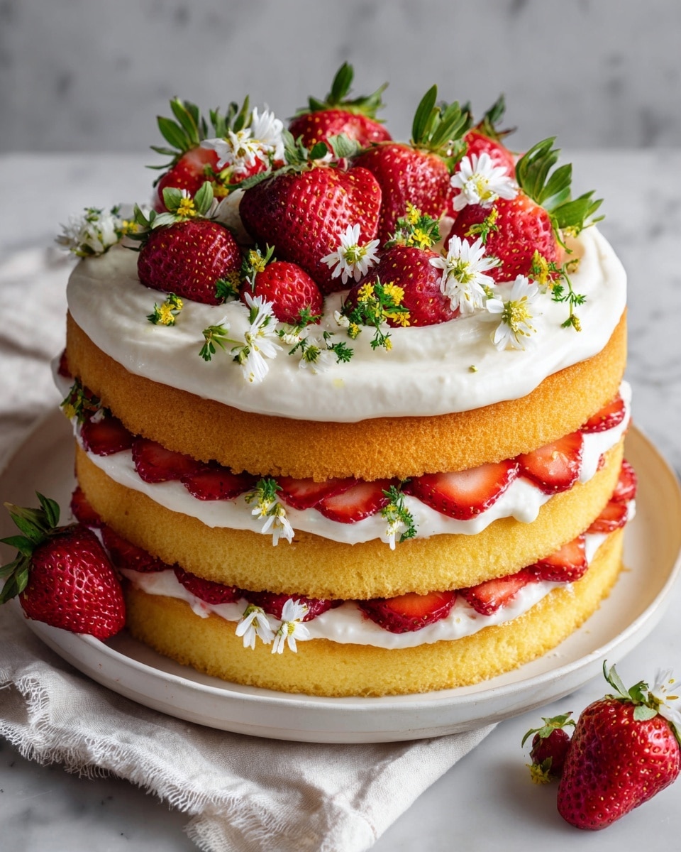 A three-layer strawberry shortcake sits on a white plate with a white marbled background. The bottom layer is a thick, soft yellow sponge cake, topped with white whipped cream and fresh sliced strawberries arranged around the edge visible through the cream. The middle layer is another thick sponge cake, followed by more whipped cream and strawberry slices. The top layer is a generous, fluffy white whipped cream spread, decorated with whole bright red strawberries with green leaves and tiny green mint sprigs. A few whole strawberries lie on the white plate beside the cake. photo taken with an iphone --ar 4:5 --v 7