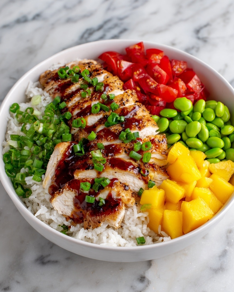 The image shows a bowl with five layers of food arranged neatly. The bottom layer is a bed of white rice. On top, sliced grilled chicken with a dark brown sauce drizzled over it is placed on one side. Next to the chicken, there are bright green cooked peas on the left. In the middle, there are red bell pepper pieces, and on the right, yellow diced cooked potatoes. The bowl is white on the outside and sits on a white marbled surface. photo taken with an iphone --ar 4:5 --v 7
