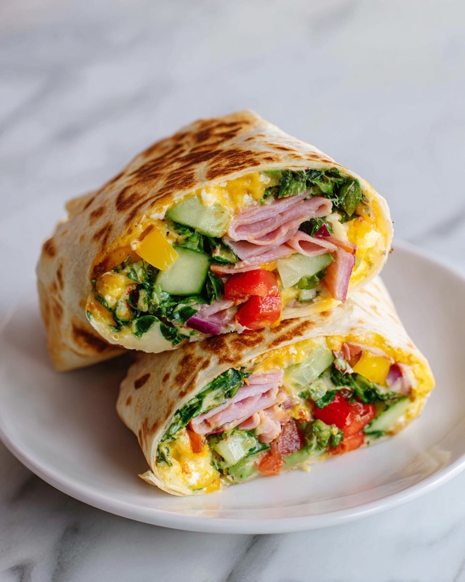 Two halves of a wrap are stacked on a white plate with a white marbled texture under it. The wrap has a light golden-brown grilled tortilla with darker toasted spots on top. Inside, there are visible layers starting with chunks of pink ham, bright red bell pepper pieces, fresh green cucumber slices, yellow corn kernels, and bits of green leafy vegetables. The filling looks fresh and colorful, tightly packed inside the folded tortilla. Photo taken with an iphone --ar 4:5 --v 7