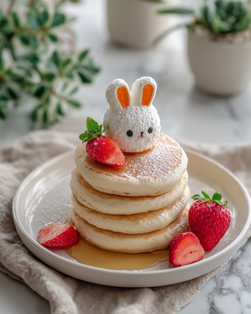 A stack of four golden-brown pancakes with soft white edges sits at the center of a white plate, each pancake slightly thicker and fluffy. On top of the stack, there is a small, cute bunny-shaped dessert dusted with powdered sugar, with orange inside its ears and small black eyes. Around the bunny, halved bright red strawberries with fresh green leaves add color, with one whole strawberry resting on the plate near the stack. Light syrup is gently drizzled over the pancakes, creating a shiny texture. The plate is on a beige cloth over a white marbled surface, with blurred green plants and soft light in the background. Photo taken with an iphone --ar 4:5 --v 7