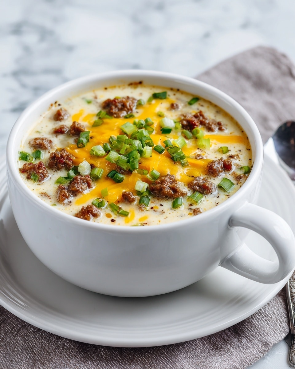 A white bowl filled with a creamy soup layered with brown cooked ground meat spread unevenly within the light cream base, topped with a layer of melted bright yellow cheddar cheese and scattered with green chopped spring onions and parsley, resting on a white plate, set against a white marbled texture background. photo taken with an iphone --ar 4:5 --v 7