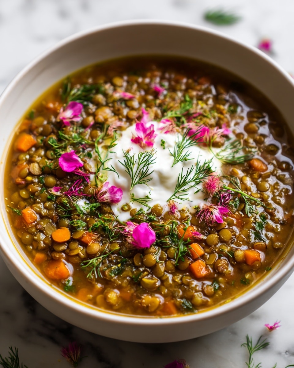 A white deep plate holds a thick lentil stew with a warm brown color filled with visible lentils, small orange carrot pieces, bits of green herbs, and chopped vegetables. The stew is garnished in the center with a small dollop of white cream topped with fresh green dill sprigs, small bright pink edible flowers, and scattered herbs throughout. The plate rests on a white marbled surface, giving a clean and fresh look. photo taken with an iphone --ar 4:5 --v 7