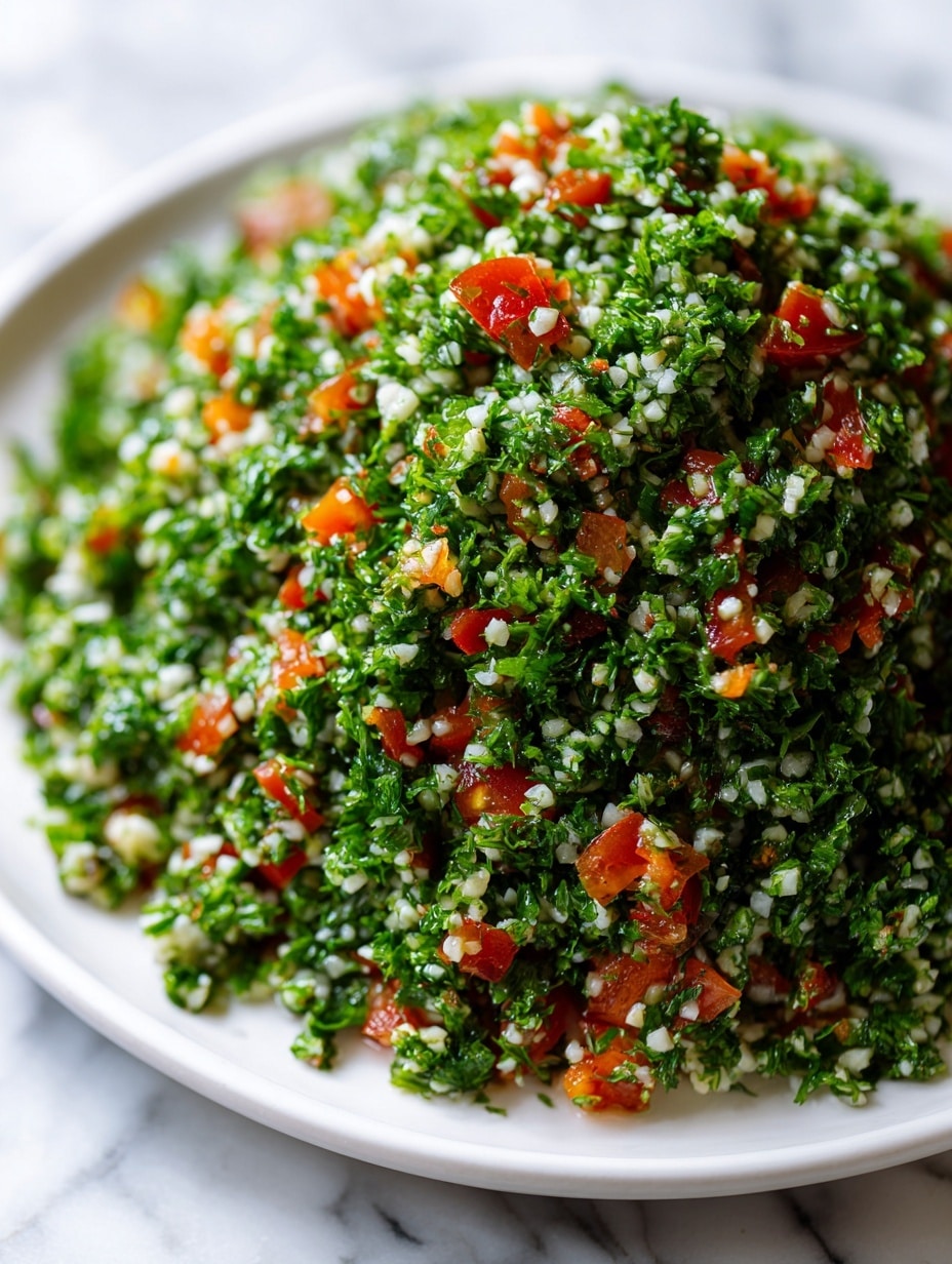 A heap of finely chopped green parsley mixed with small red tomato pieces and tiny white bits, all blended together to form a fresh, colorful salad piled high on a white plate, with a blurred green natural background out of focus, and the whole scene resting on a surface with a white marbled texture, photo taken with an iphone --ar 4:5 --v 7