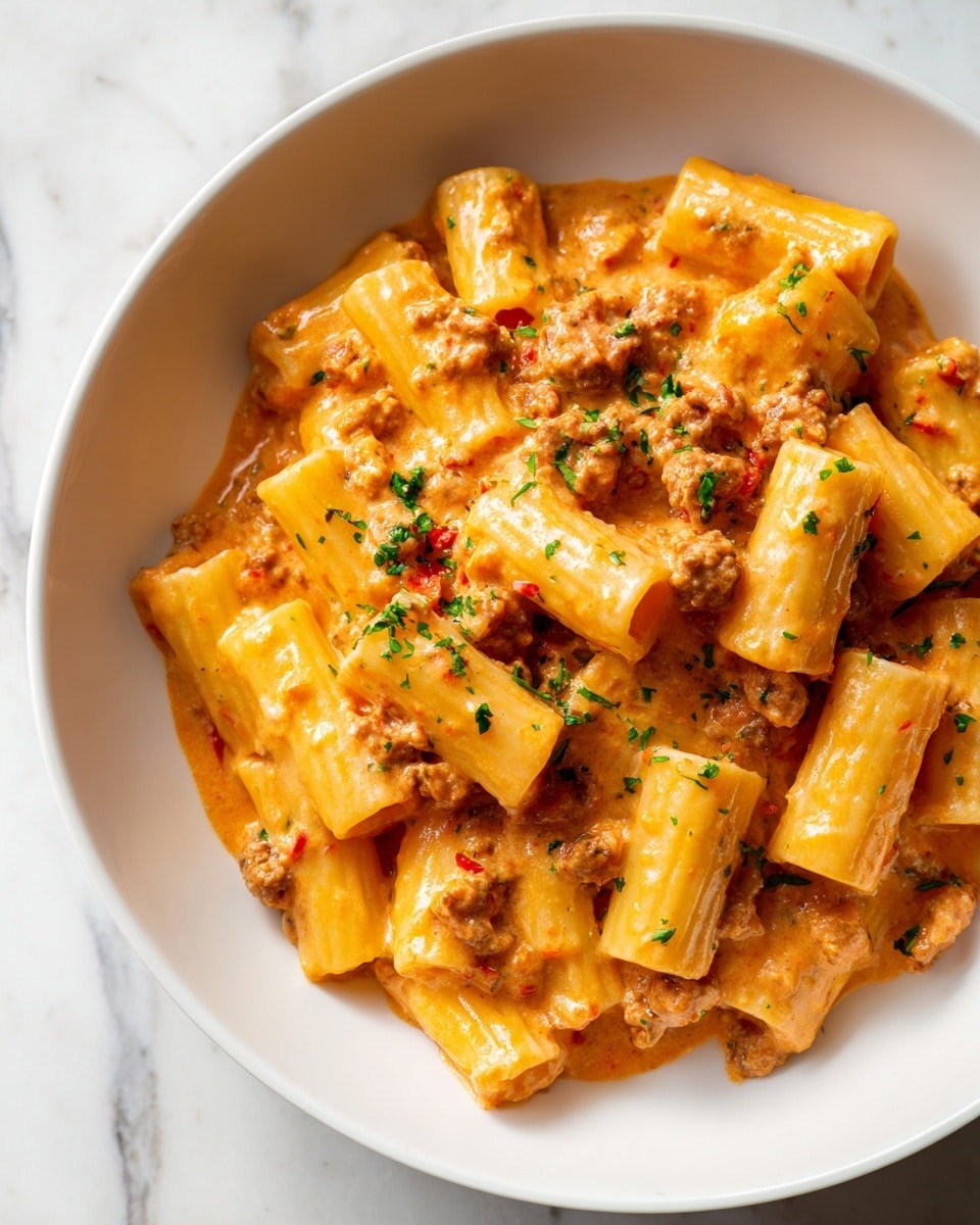 The dish shows a close-up of creamy pasta with shell-shaped noodles coated in a thick, orange-colored sauce. Small pieces of browned ground meat are spread evenly throughout the pasta. There is a light scattering of green herbs on top, adding a slight contrast to the orange sauce. The entire serving is on a white plate, which rests on a white marbled surface. The photo is detailed and focused on the textures of the creamy sauce and meat, highlighting the warmth and richness of the dish. Photo taken with an iphone --ar 4:5 --v 7