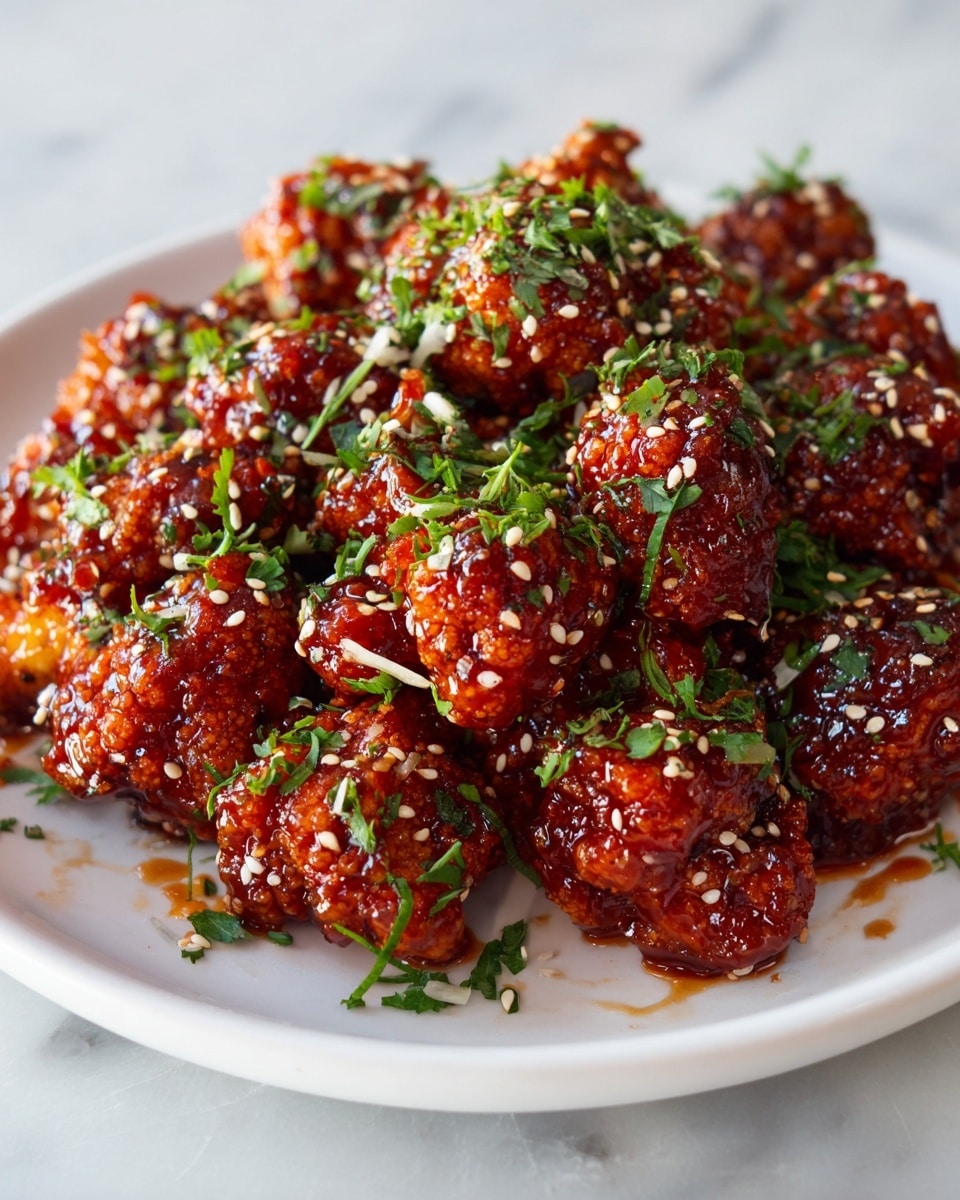 The image shows a pile of crispy fried chicken pieces coated in a sticky, dark red sauce that looks shiny and thick. Each piece is round and bumpy with a crunchy texture. Bright green chopped herbs are scattered evenly on top, adding a fresh contrast. The chicken is served on a simple white plate that sits on a white marbled surface. The colors are rich and warm, highlighting the sauce's deep red and the herbs' bright green. Photo taken with an iphone --ar 4:5 --v 7