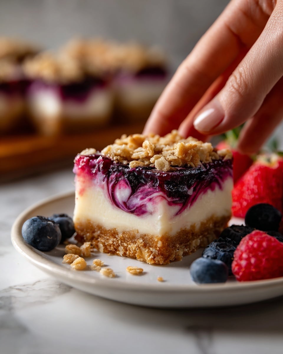The image shows a square piece of dessert with three layers: the bottom layer is a rough brown crumb base, the middle layer is a smooth, thick white cream, and the top layer is a glossy purple berry sauce swirled gently over the cream. On top, there are clusters of golden crunchy granola and some small fresh blueberries and raspberries. Around the dessert on the white marbled surface, there are scattered fresh raspberries and blueberries, adding bright red and blue colors. Photo taken with an iphone --ar 4:5 --v 7