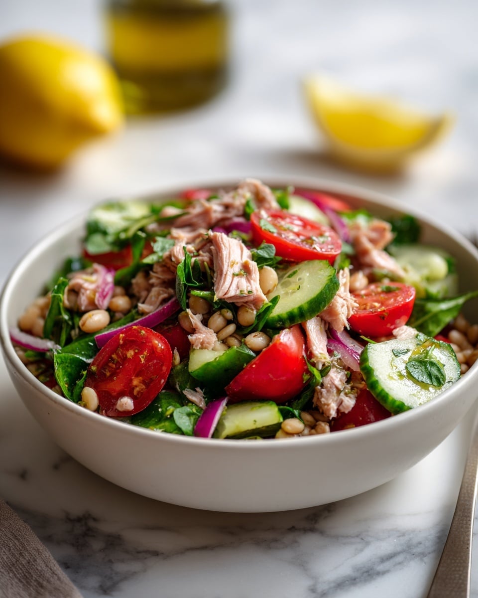 A white bowl filled with a fresh salad composed of multiple layers including red cherry tomatoes, sliced cucumbers, light brown beans, chunks of white tuna, and bits of green parsley, all mixed with thin slices of red onion creating a colorful and textured dish. The bowl is placed on a white marbled surface, and a woman's hand is holding the bowl slightly from one side, with a blurred lemon and an olive oil bottle in the background. Photo taken with an iphone --ar 4:5 --v 7