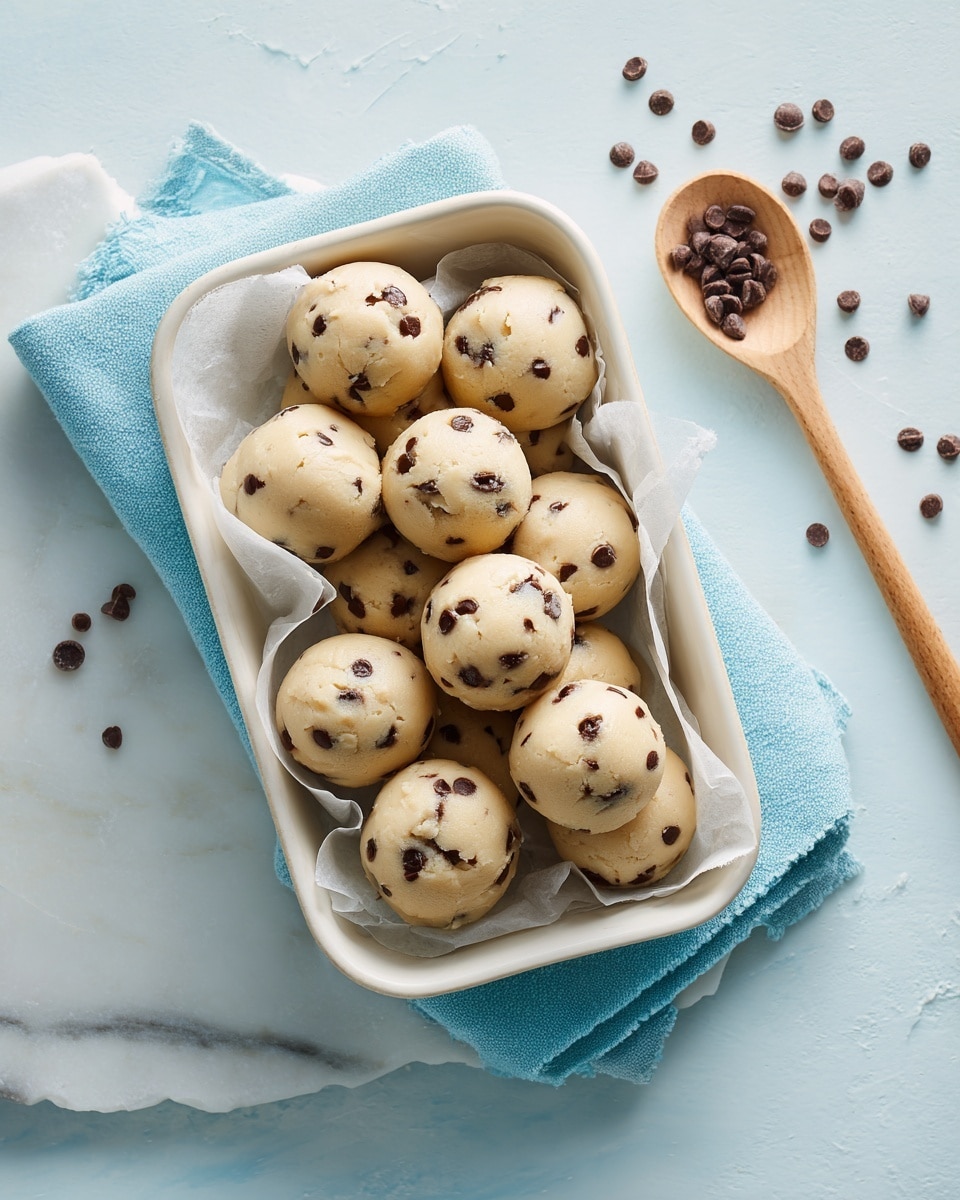 A white small rectangular ceramic dish is filled with around eight round cookie dough balls dotted generously with dark brown chocolate chips, closely piled on a white cloth inside the dish. The dish is placed on a soft blue cloth over a white marbled surface, with some loose chocolate chips scattered nearby. The texture of the dough looks soft and smooth with small chocolate chip spots on all balls, creating a warm and inviting look. photo taken with an iphone --ar 4:5 --v 7