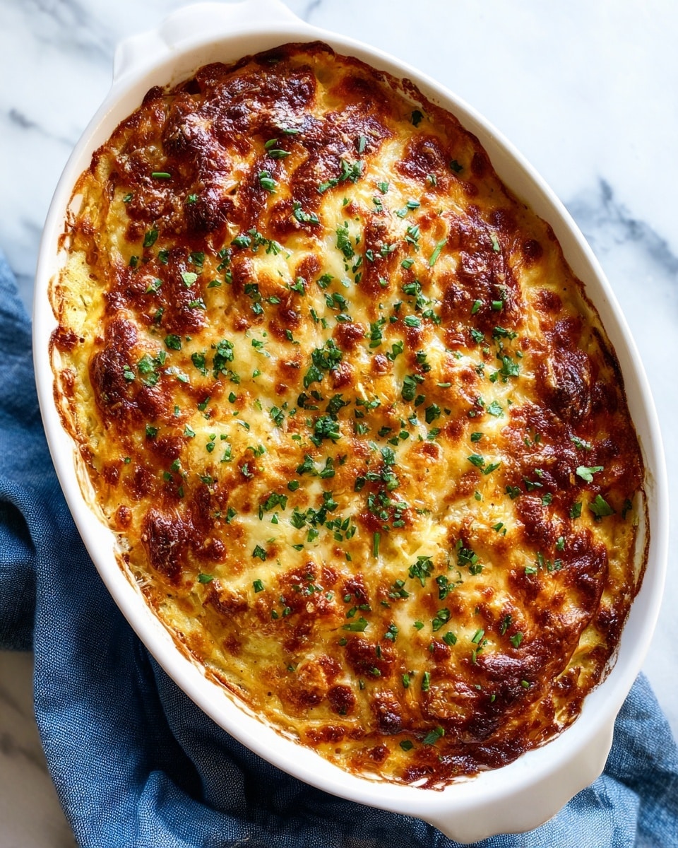 The image shows a white oval baking dish filled with a layered casserole that has a golden-brown, crispy top layer of melted cheese mixed with small browned bits, possibly fried onions, and some green herbs sprinkled on top. Underneath, the dish appears creamy and thick, with soft textures visible around the edges. The dish is placed on a white marbled surface, with a folded blue cloth napkin nearby and a wooden utensil partially visible on the bottom right. Photo taken with an iphone --ar 4:5 --v 7