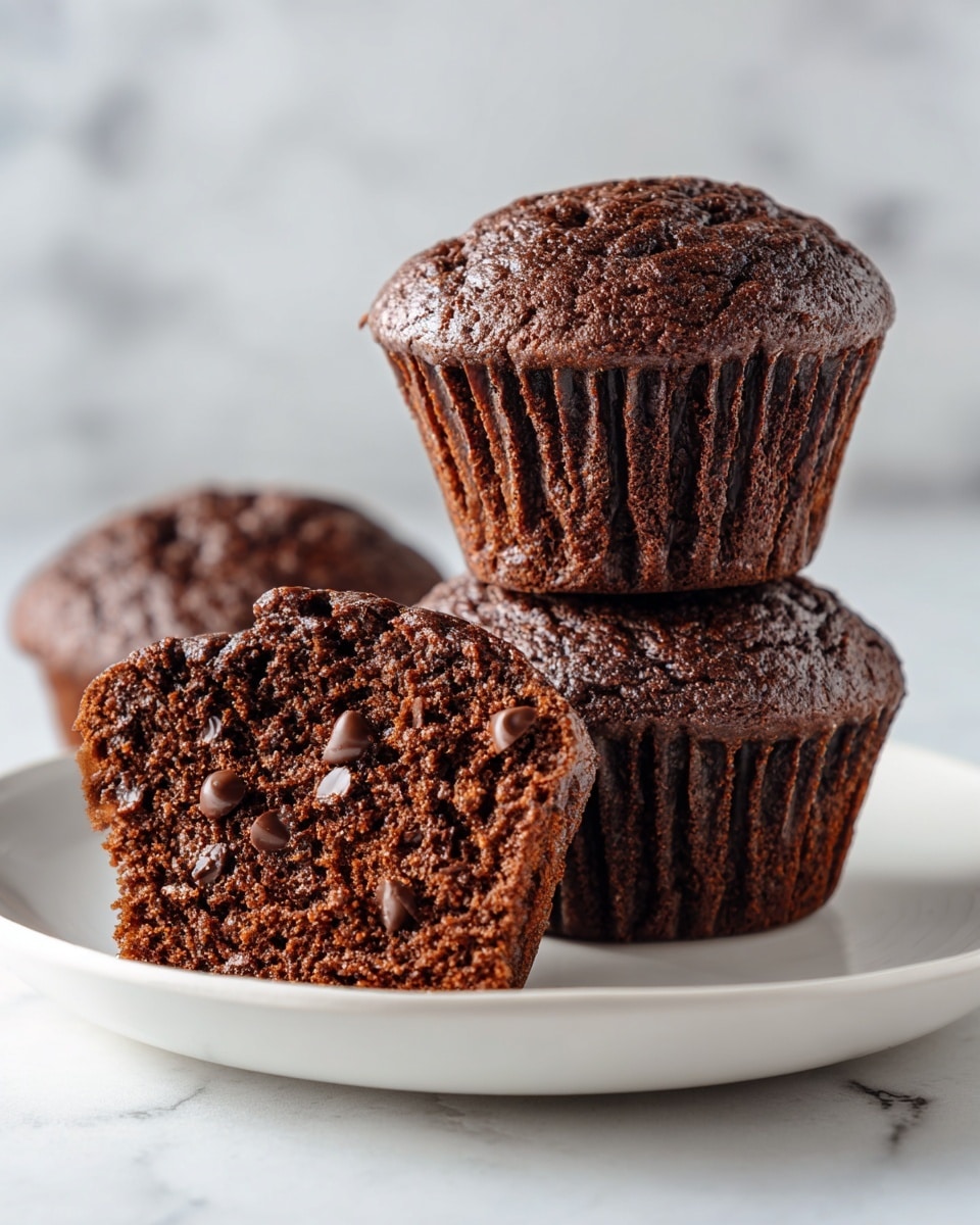 Three chocolate muffins are stacked on a white plate with a white marbled background. The top muffin is whole, dark brown with a slightly rough texture, showing some cracks and chocolate chips on the surface. The middle muffin is whole and smooth, sitting flat as a base. The front muffin is cut in half, revealing a moist, dense, and crumbly inside with dark chocolate pieces embedded. The lighting highlights the rich color and texture of the muffins, making them look soft and fresh. Photo taken with an iphone --ar 4:5 --v 7