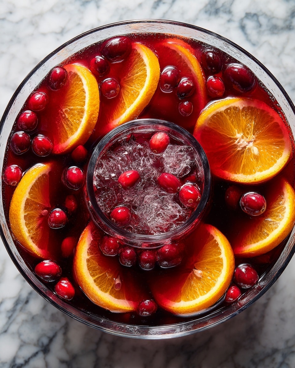 A clear glass bowl filled with deep red punch with floating slices of bright orange oranges arranged evenly on the top layer, along with small red cranberries scattered throughout the surface. The punch looks smooth and reflective, and the bowl is placed on a white marbled texture. The lighting highlights the rich colors and makes the fruit look fresh and vibrant. Photo taken with an iphone --ar 4:5 --v 7