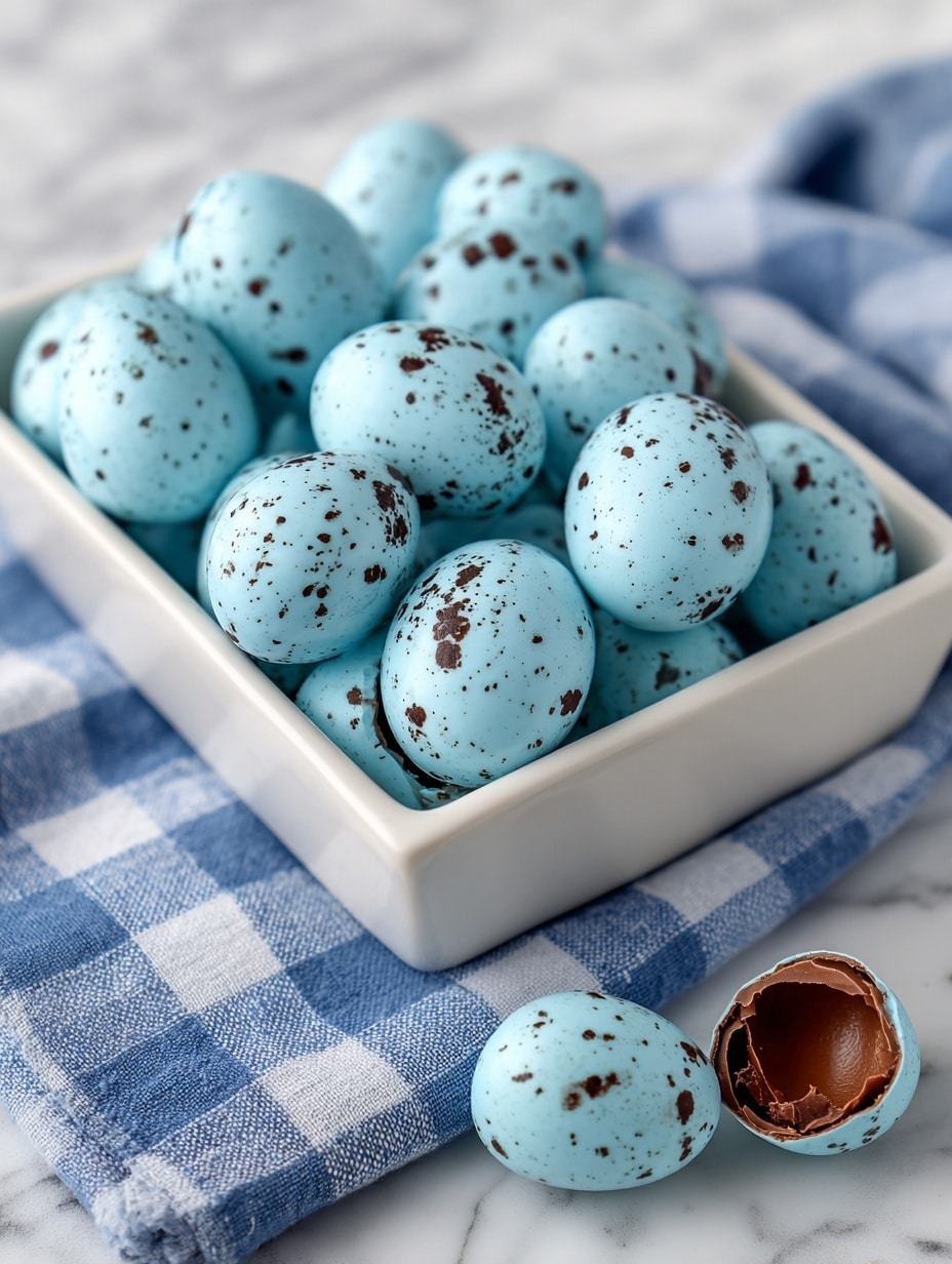 A white rectangular dish filled with small, light blue eggs speckled with dark brown spots, arranged in neat layers showing their smooth texture; one egg is cut open near the bottom right corner revealing a bright orange yolk inside, with some yolk spilled onto the white marbled surface beneath. The dish is placed on a blue and white checkered cloth, adding a soft background contrast. photo taken with an iphone --ar 4:5 --v 7