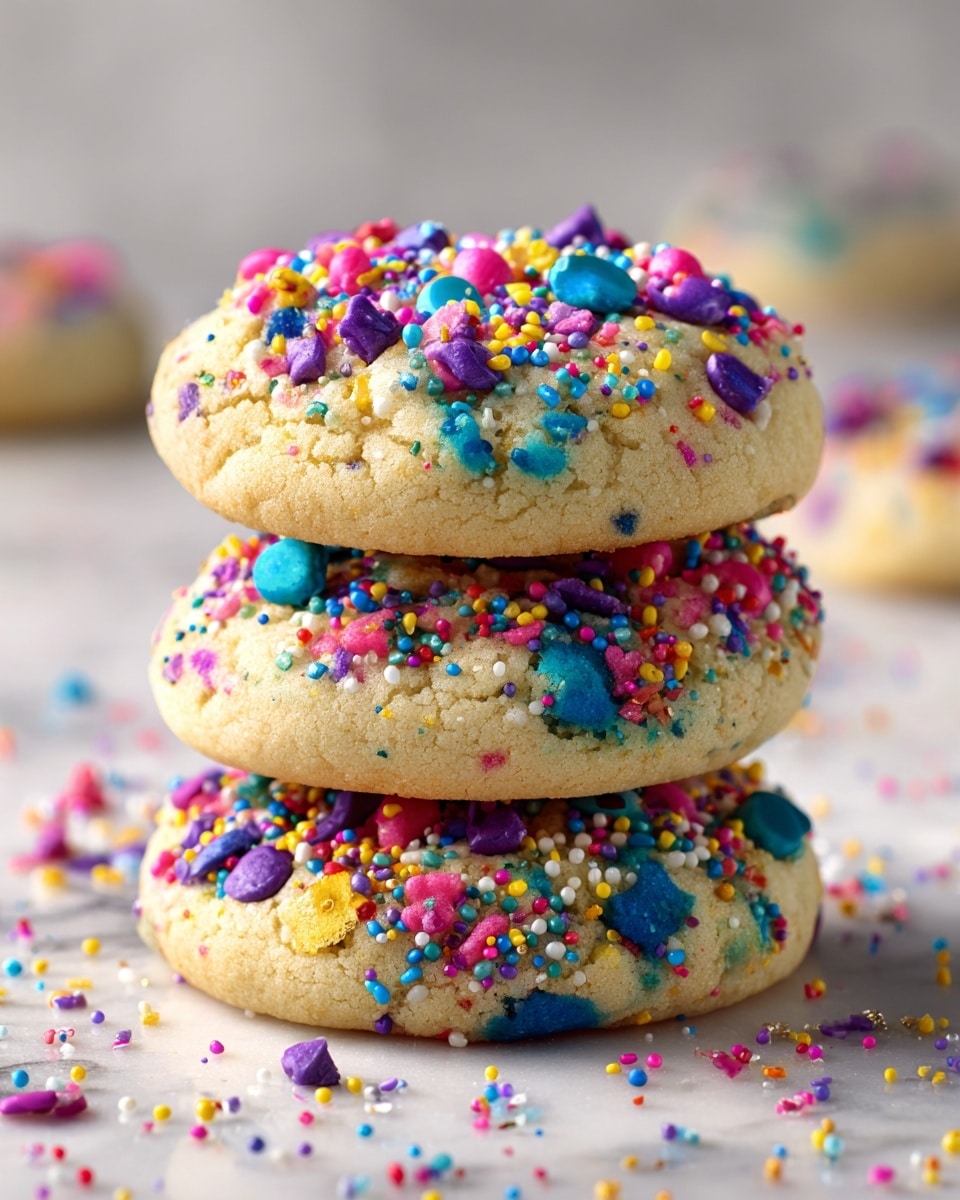 Three thick cookies are stacked on top of each other, each cookie filled with bright, colorful sprinkles and candy pieces in blue, purple, yellow, and pink. The cookies have a soft, slightly cracked surface with a creamy light beige dough showing through. The middle cookie is slightly tilted, revealing the round candies embedded inside. The background is a white marbled texture with some more sprinkles scattered around. A woman's hand is gently holding the top cookie, showing its soft and chunky texture. Photo taken with an iphone --ar 4:5 --v 7