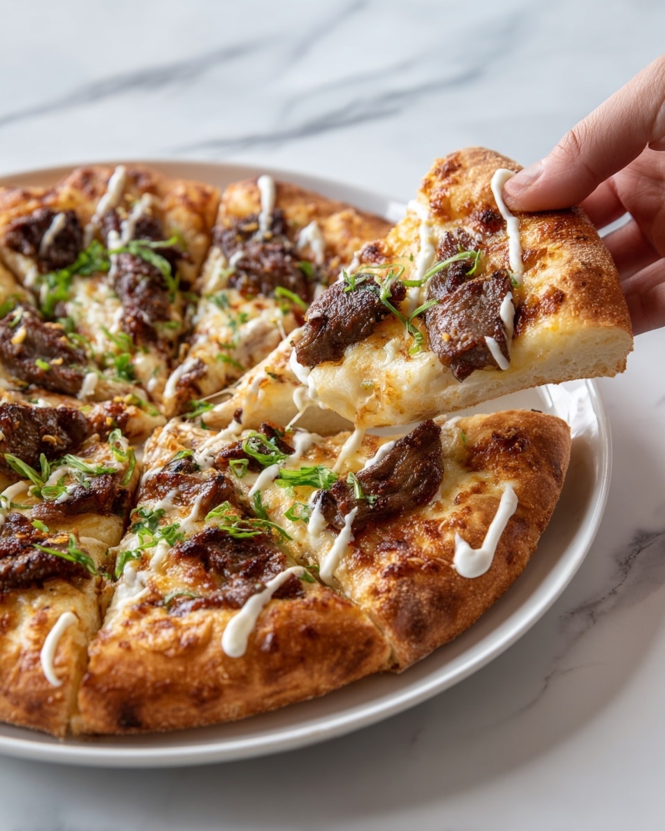 The image shows a round pizza with a golden brown crust that is thick and soft. The top layer has pieces of grilled meat that are dark brown with a slight char. There are drizzles of green sauce over the meat, adding a fresh contrast. The cheese underneath looks melted and creamy with a light yellow color. The pizza is placed on a white plate on a white marbled surface, and a woman's hand is pulling one slice away, showing the gooey cheese stretching from the main pizza. Photo taken with an iphone --ar 4:5 --v 7