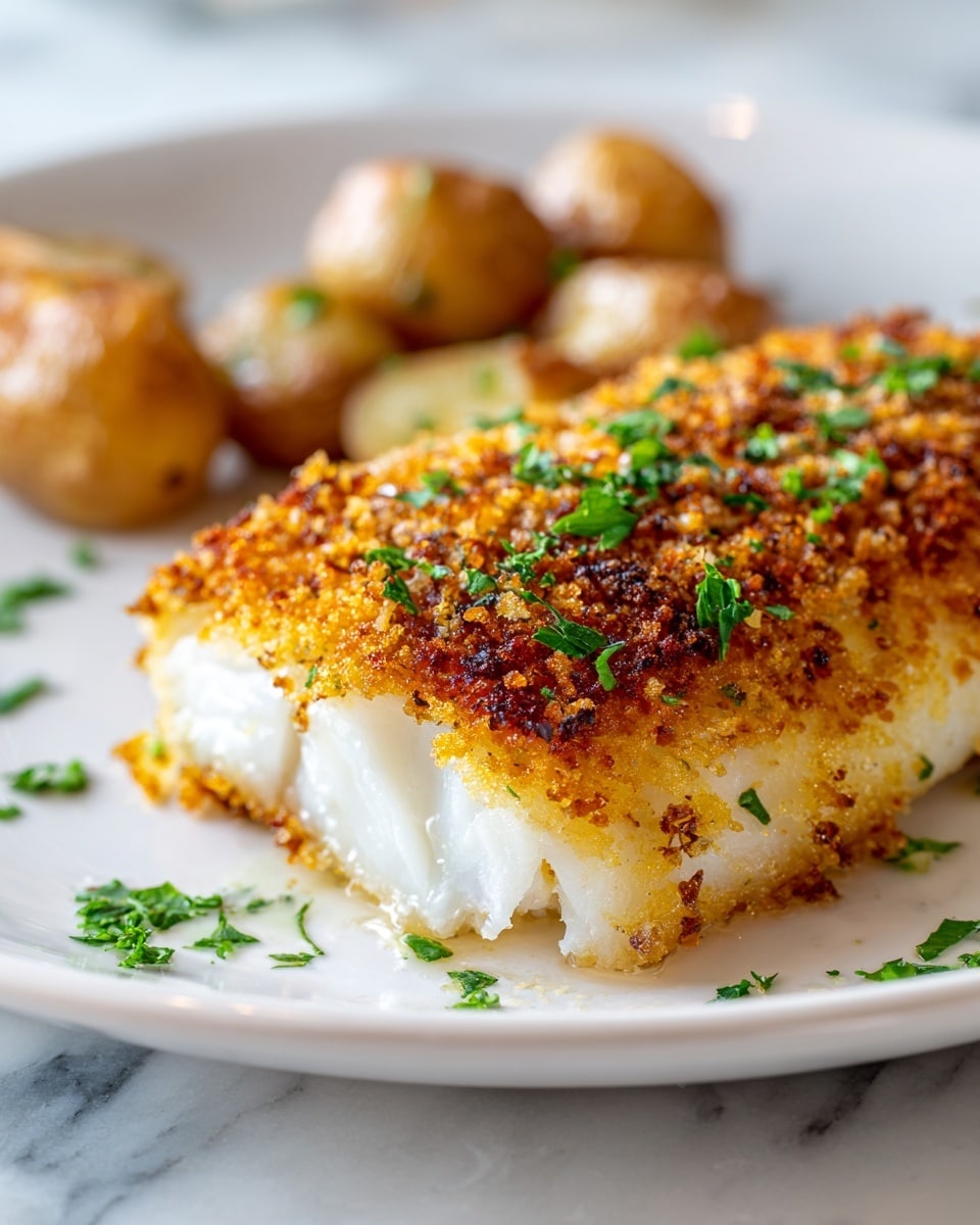 The image shows a close-up of a piece of baked fish with a golden-brown crispy breadcrumb crust on top, sprinkled with fresh green parsley. The fish is white and flaky under the crust, and the texture looks crunchy and well-cooked. Around the fish, there are round roasted potatoes with a light brown color, placed on a white plate. The background features a white marbled surface that adds a clean and bright look to the presentation. photo taken with an iphone --ar 4:5 --v 7