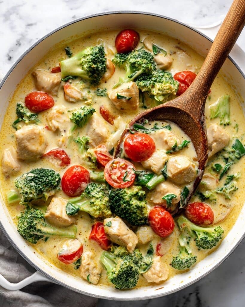 Garlic Chicken with Broccoli and Spinach in Creamy Cheese Sauce Recipe