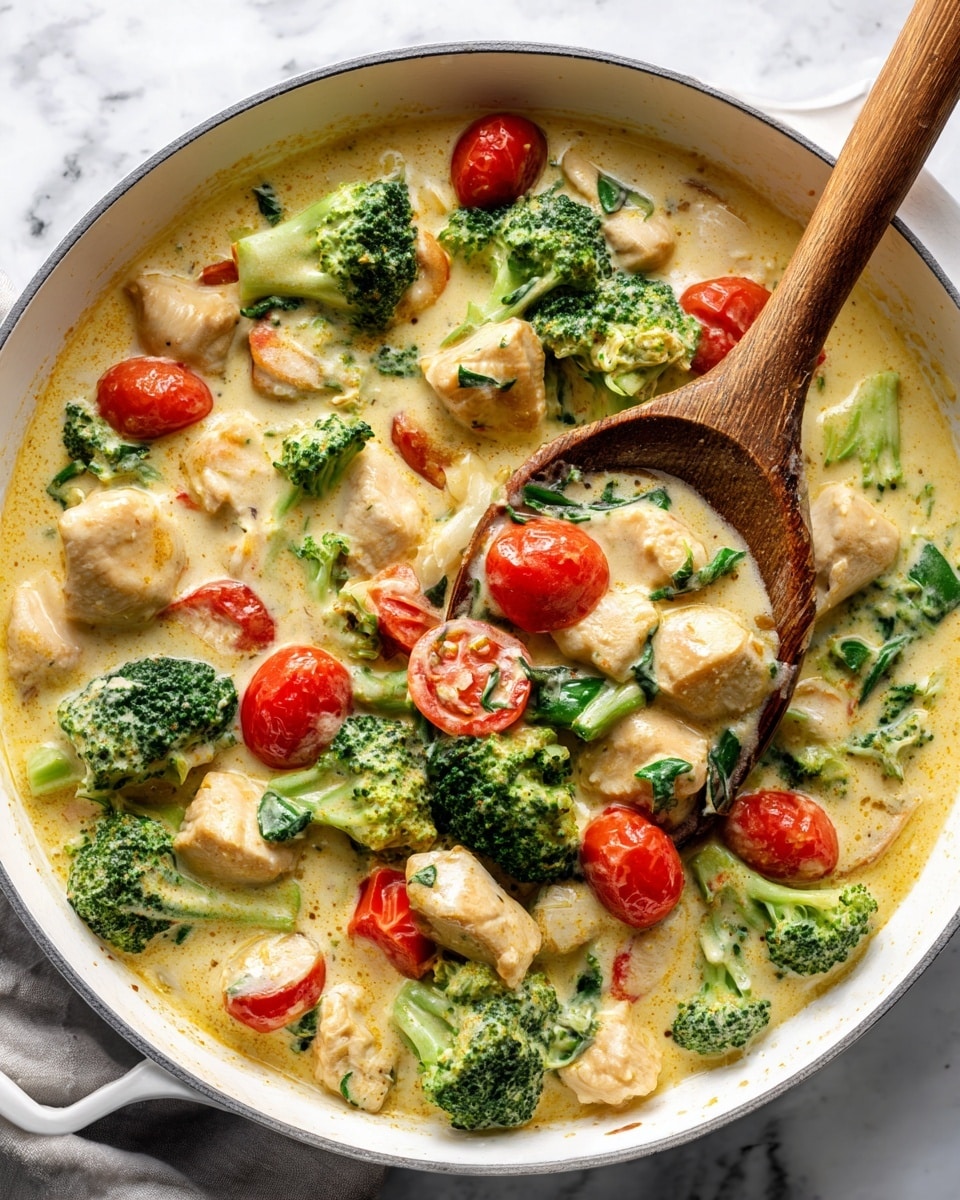 The image shows a creamy dish in a white pan with wooden spoons lifting some food. The dish has several layers: light yellow creamy sauce that covers small pieces of broccoli with bright green florets, cherry tomatoes that are red and round, and chunks of chicken that are light brown and soft-looking. The sauce looks thick and smooth, with a shiny texture. The broccoli pieces are mixed evenly with the sauce, while the cherry tomatoes stand out with their bright color. The chicken chunks are scattered throughout, some partially covered by the sauce. The background is a white marbled texture. Photo taken with an iphone --ar 4:5 --v 7