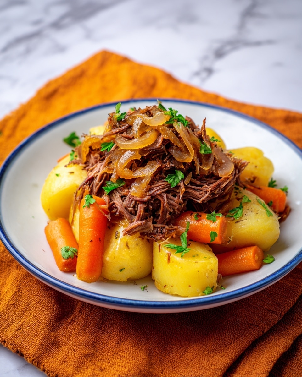 A white dish filled with three main layers: the bottom layer has chopped yellow potatoes and orange carrot pieces with a slightly soft texture; the middle layer features a thick, dark brown, shredded beef roast with a juicy and tender look; the top layer holds translucent cooked onion slices with caramelized edges and bits of green parsley scattered over all layers. The dish is placed on an orange textured cloth, set on a white marbled surface, with a blurred background of brown and white elements. photo taken with an iphone --ar 4:5 --v 7