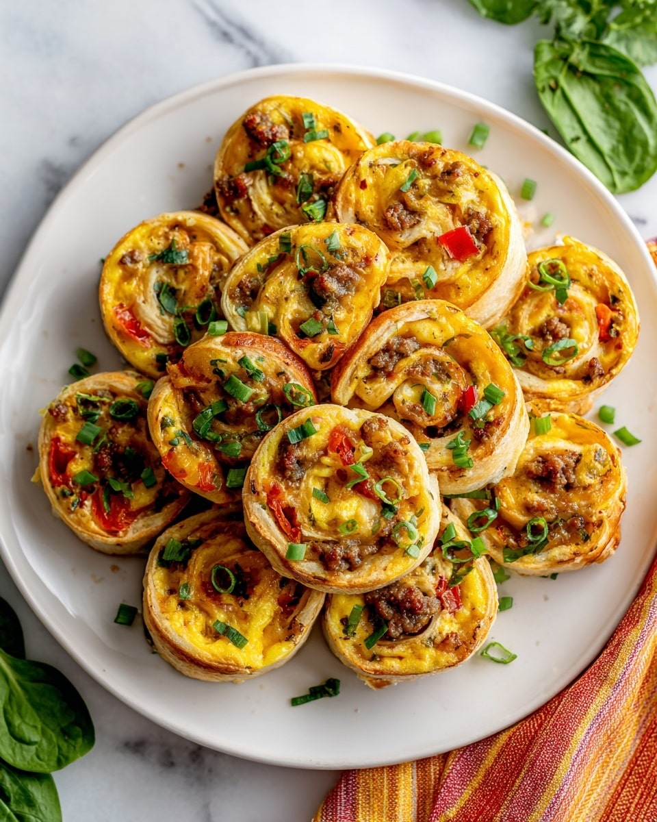 A white plate filled with around a dozen small swirled pinwheel pastries stacked on top of each other. Each pinwheel has a golden-brown baked dough layer rolled with an inner filling of yellow scrambled eggs, bits of brown sausage, small pieces of red bell pepper, and melted white cheese. The tops of the pinwheels are sprinkled with chopped green onions, adding a fresh green color contrast. The background is a white marbled surface with scattered green onions and a hint of spinach leaf on the side. photo taken with an iphone --ar 4:5 --v 7