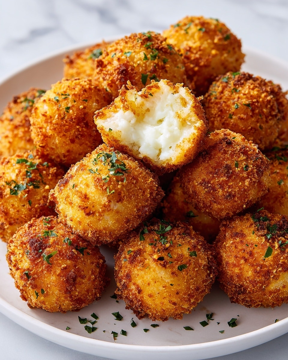 The image shows a close-up of a white plate filled with small, round cheese balls that are golden brown and crispy on the outside. Each cheese ball is topped with tiny green peas and bits of red pepper, adding a pop of color. The texture looks crunchy on the outside with a soft, white, and creamy inside visible in one cheese ball that is broken open. The plate is placed on a white marbled surface, and the lighting highlights the warm, inviting colors of the cheese balls. photo taken with an iphone --ar 4:5 --v 7