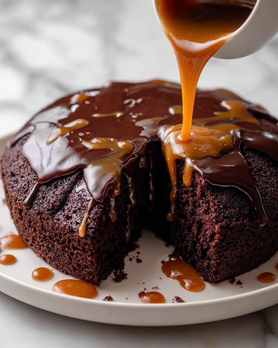 A white plate holds a rich, dark chocolate cake with a thick, moist texture, cut into with one slice slightly removed to show the dense inside. The top is covered with glossy dark chocolate sauce dripping over the sides, with lighter caramel-colored sauce being poured slowly from above, creating a smooth contrast over the darker chocolate. The background is a white marbled surface. photo taken with an iphone --ar 4:5 --v 7