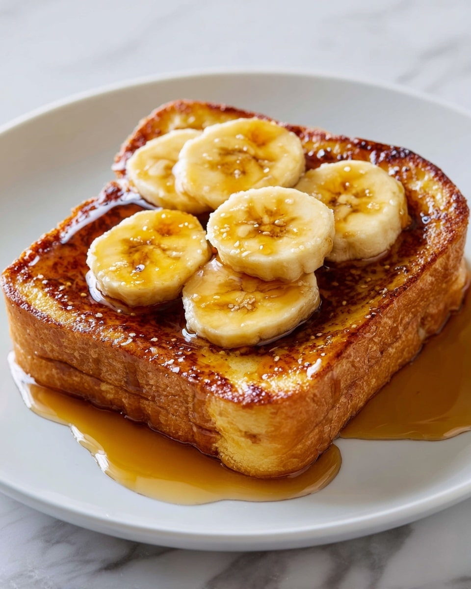 A close-up view of a white plate holding a single serving of French toast topped with round banana slices arranged on top in two rows. The French toast is golden brown with a soft, slightly crispy texture, covered with a thick layer of dark maple syrup that glistens under the light. The toast looks fluffy with some edges slightly crisped. The background is a white marbled texture. Photo taken with an iphone --ar 4:5 --v 7