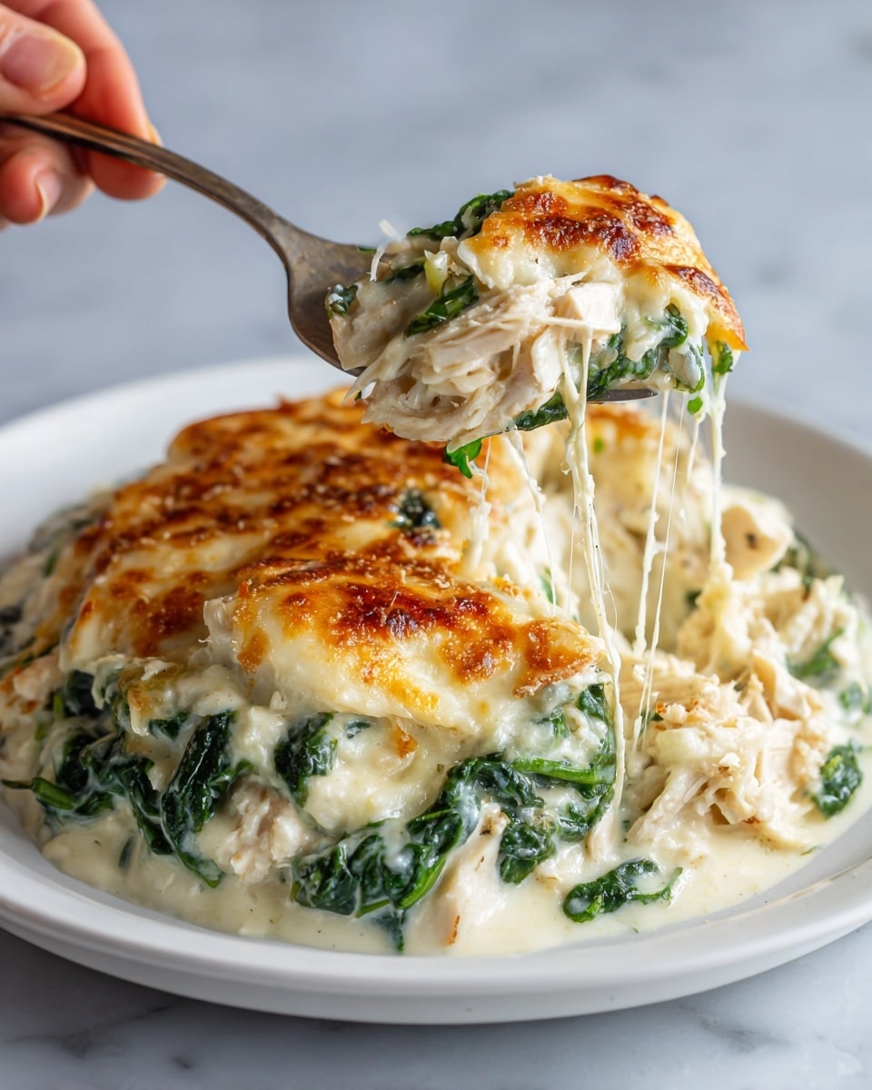 The dish shows a white plate on a white marbled surface filled with a creamy, cheesy chicken pasta. The bottom layer has cooked spinach with bright green leaves mixed with tender white chicken pieces. Above this, there is a creamy, thick sauce covering shredded pasta that looks soft and yellowish. On top, melted golden brown cheese is bubbling with a slightly crispy texture, and a spoon lifts a portion of the cheesy pasta, showing gooey cheese strands stretching. A woman's hand is holding the spoon. photo taken with an iphone --ar 4:5 --v 7