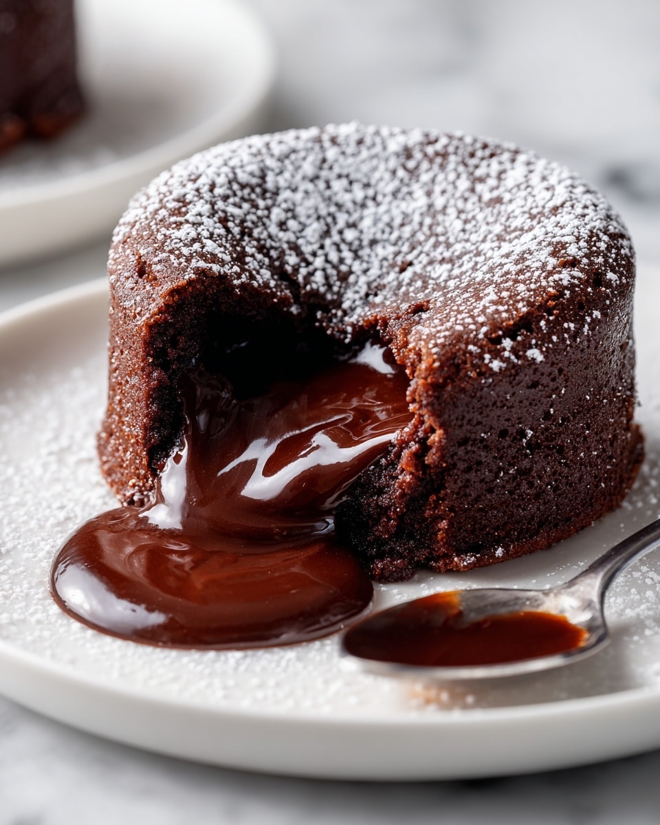 A warm chocolate lava cake sits on a white plate on a white marbled surface, with a spoon placed beside it. The cake has a rich dark brown color and a soft, moist texture on the outside. The center is filled with hot, melted chocolate flowing out in thick, glossy ribbons onto the plate. The top surface has a few shiny chocolate chips and a light dusting of powdered sugar for contrast. Photo taken with an iphone --ar 4:5 --v 7