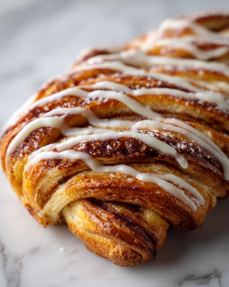 A close-up image of a twisted cinnamon pastry with multiple layers of golden brown dough, each layer showing a soft, fluffy texture. The pastry is topped with a light white glaze drizzled unevenly across the surface and sprinkled with small sugar crystals. The background is a white marbled texture, and the food is placed on a white plate. The lighting highlights the texture and shine of the glaze, making the pastry look fresh and inviting. Photo taken with an iphone --ar 4:5 --v 7