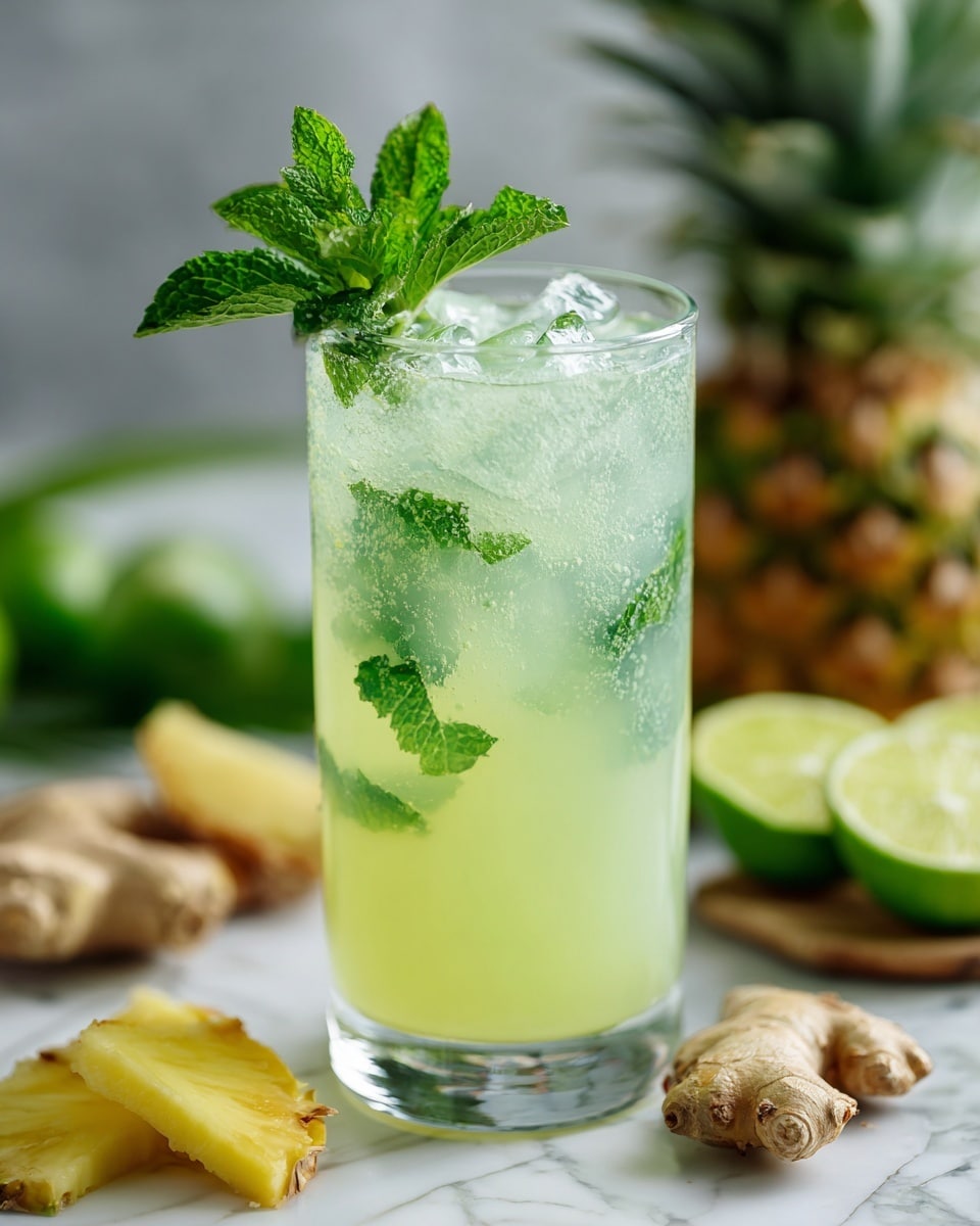 The image shows a tall clear glass filled with a light green iced drink, with small ice cubes visible inside. The drink is topped with fresh green mint leaves resting on the surface near the rim. Around the glass are blurred items including cut lime halves, a yellow pineapple piece at the bottom left, and ginger roots in the background all placed on a white marbled texture. In the background, there is another container filled with more of the light green drink. photo taken with an iphone --ar 4:5 --v 7
