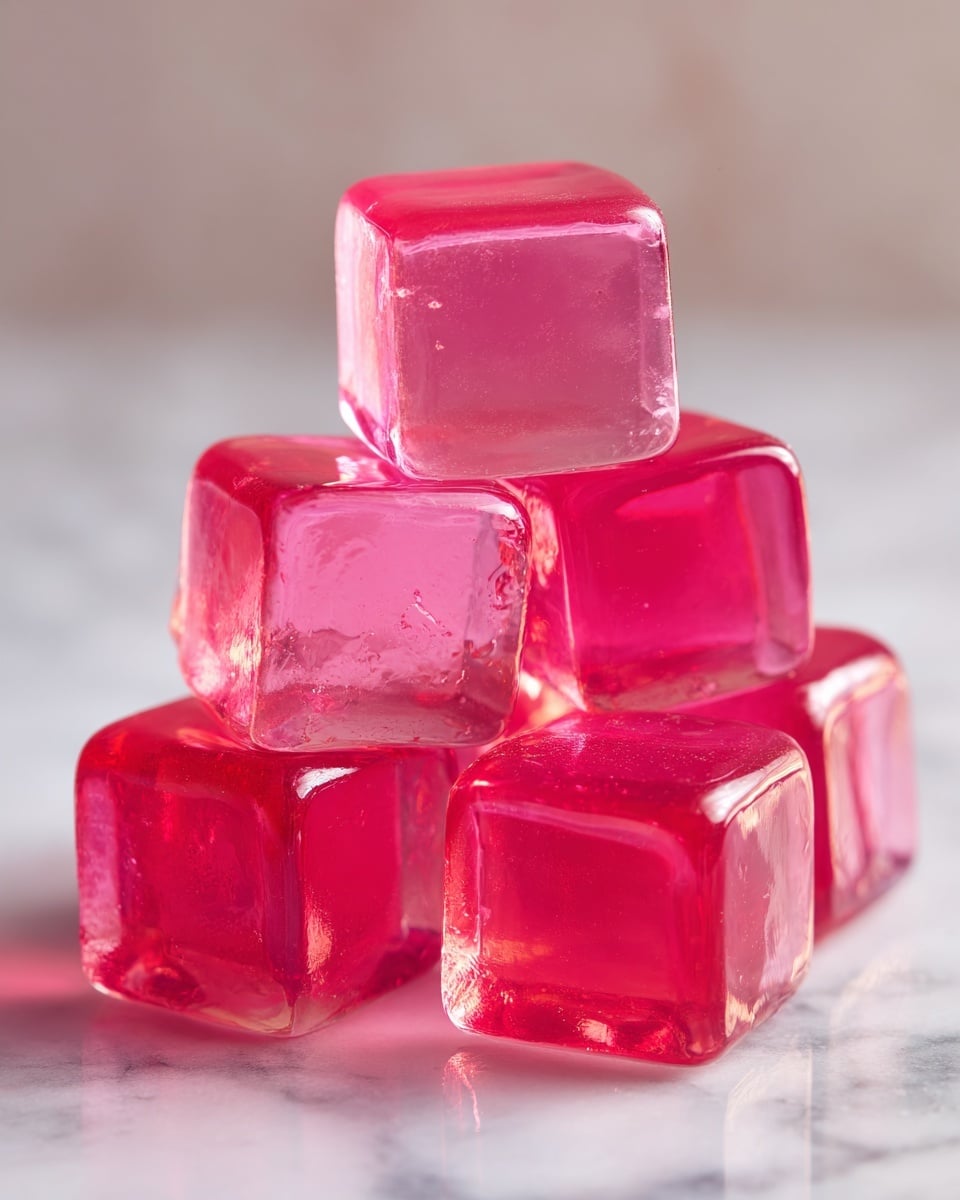 The image shows a close-up of several shiny, pink jelly cubes stacked loosely on a white marbled surface. Each cube is translucent with smooth, glossy edges and a slightly wet look that catches the light, making them appear soft and chewy. The cubes vary slightly in shade from bright pink to a deeper reddish-pink, and they are arranged in an uneven pile with some cubes laying flat and others tilted or leaning against each other. Photo taken with an iphone --ar 4:5 --v 7
