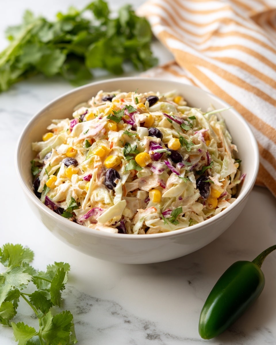 A white bowl filled with Mexican coleslaw, showing a mix of shredded pale cream cabbage and red cabbage with bright yellow corn kernels scattered throughout. Black beans add dark spots contrasting with the creamy dressing coating each ingredient. Small pieces of red bell pepper and green cilantro leaves are mixed in, adding red and green color layers. The coleslaw looks fresh and creamy, with a slightly chunky texture. The bowl is placed on a white marbled surface, surrounded by fresh cilantro sprigs and two whole green jalapeño peppers. photo taken with an iphone --ar 4:5 --v 7